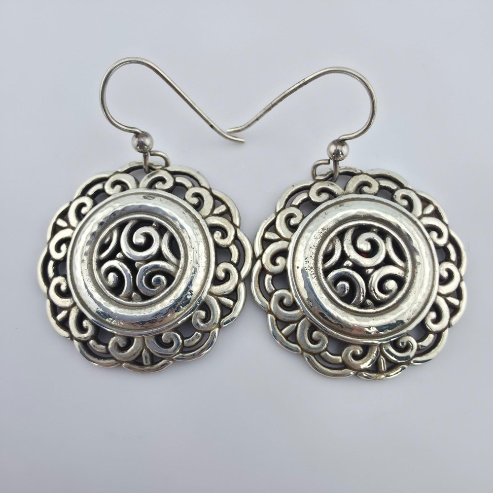 BRIGHTON 'Woodstock Moonflower' Earrings Ornate Scrollwork Silver Plate 1.5"